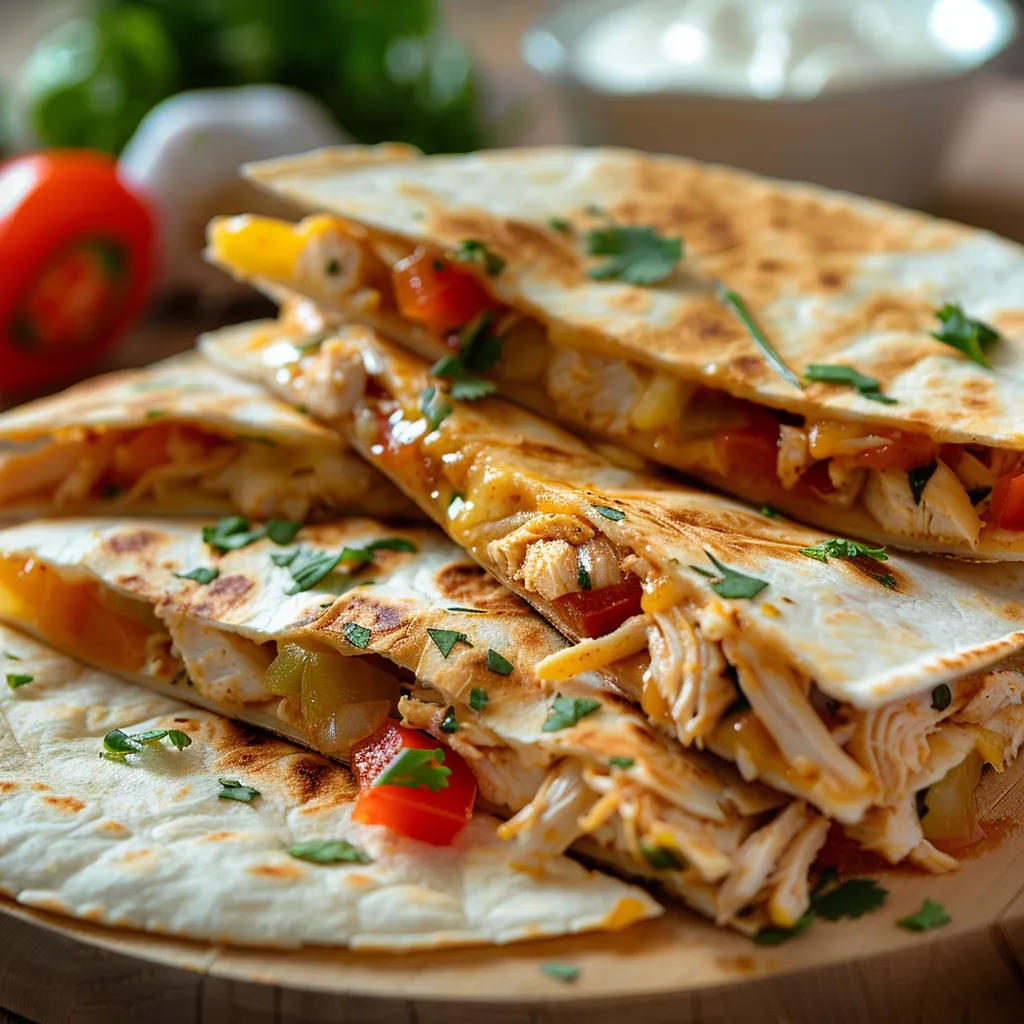 Delicious golden-brown chicken quesadilla with melted cheese and colorful vegetables, garnished with sour cream.