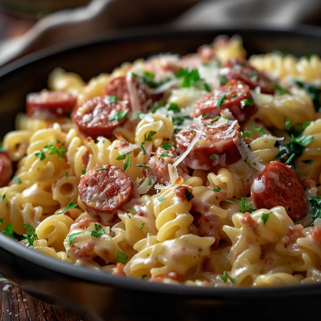 Delicious bowl of creamy smoked sausage pasta garnished with parsley, showcasing the dish's rich texture.