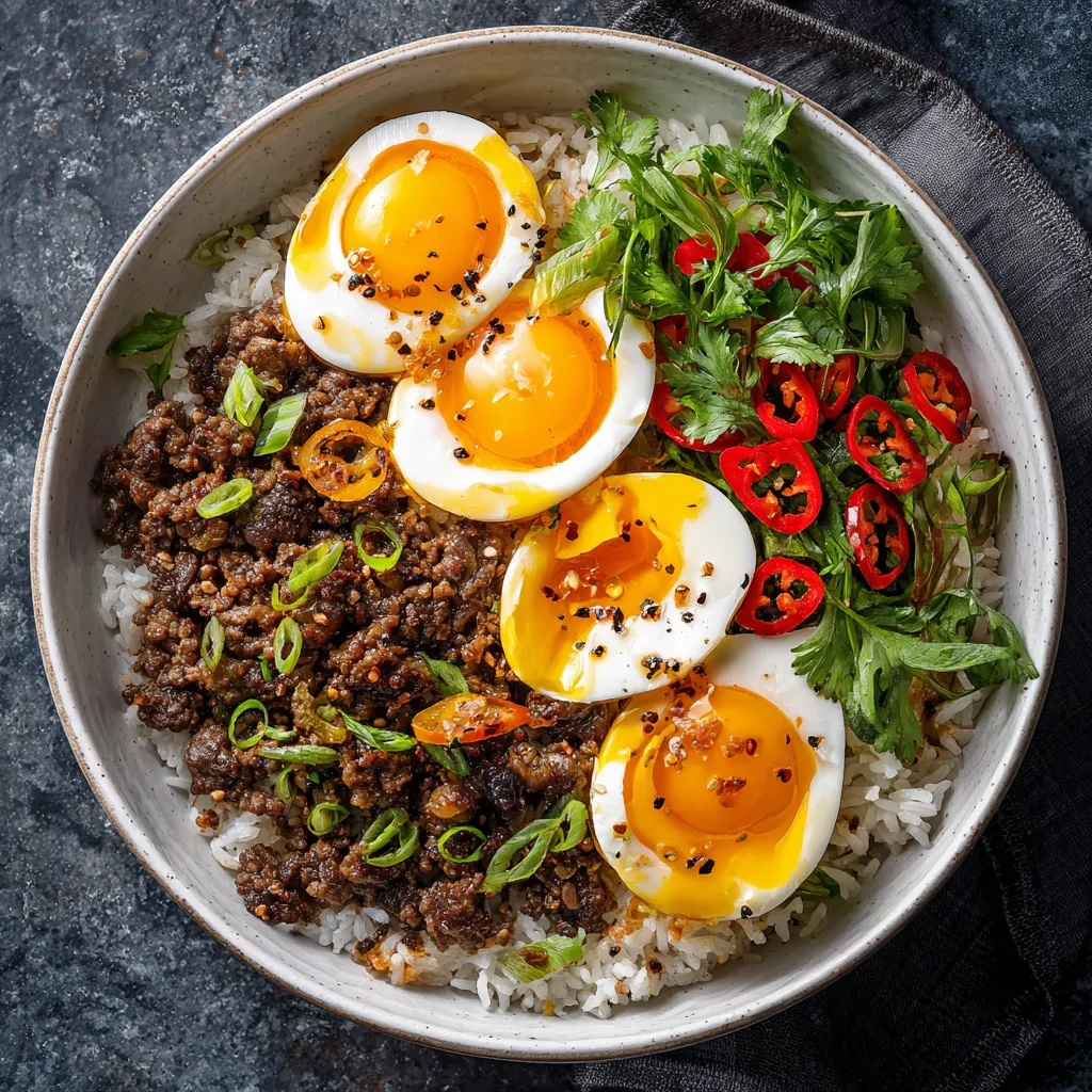Overhead view of a bowl of Easy Ground Beef Bulgogi served with cooked rice and lettuce leaves, showcasing vibrant colors and textures.