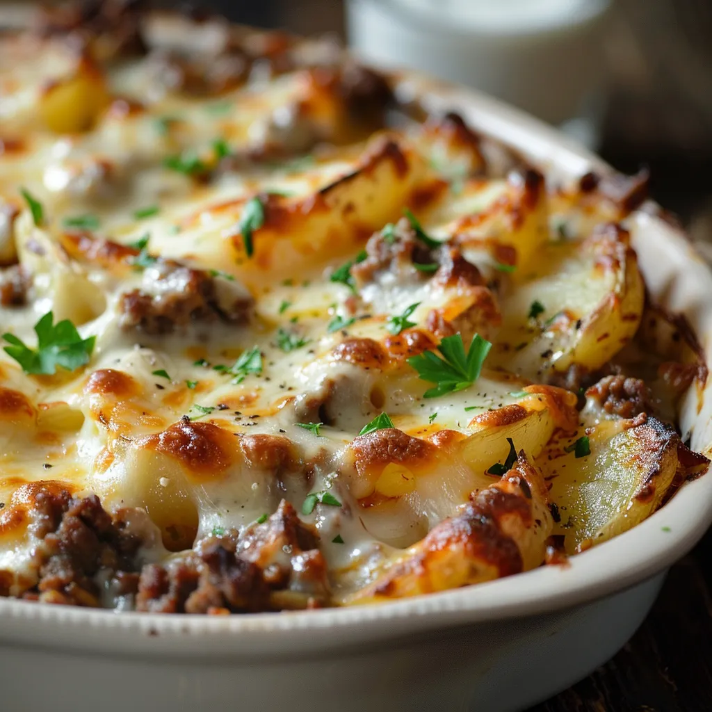 Delicious Cheesy Ground Beef & Potato Casserole served in a rustic dish, showcasing melty cheese and ground beef.