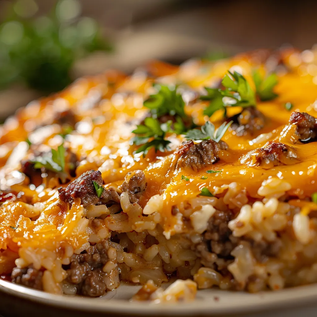 A warm, inviting dish of Cheesy Hamburger Rice Casserole, highlighted by natural light and soft shadows.