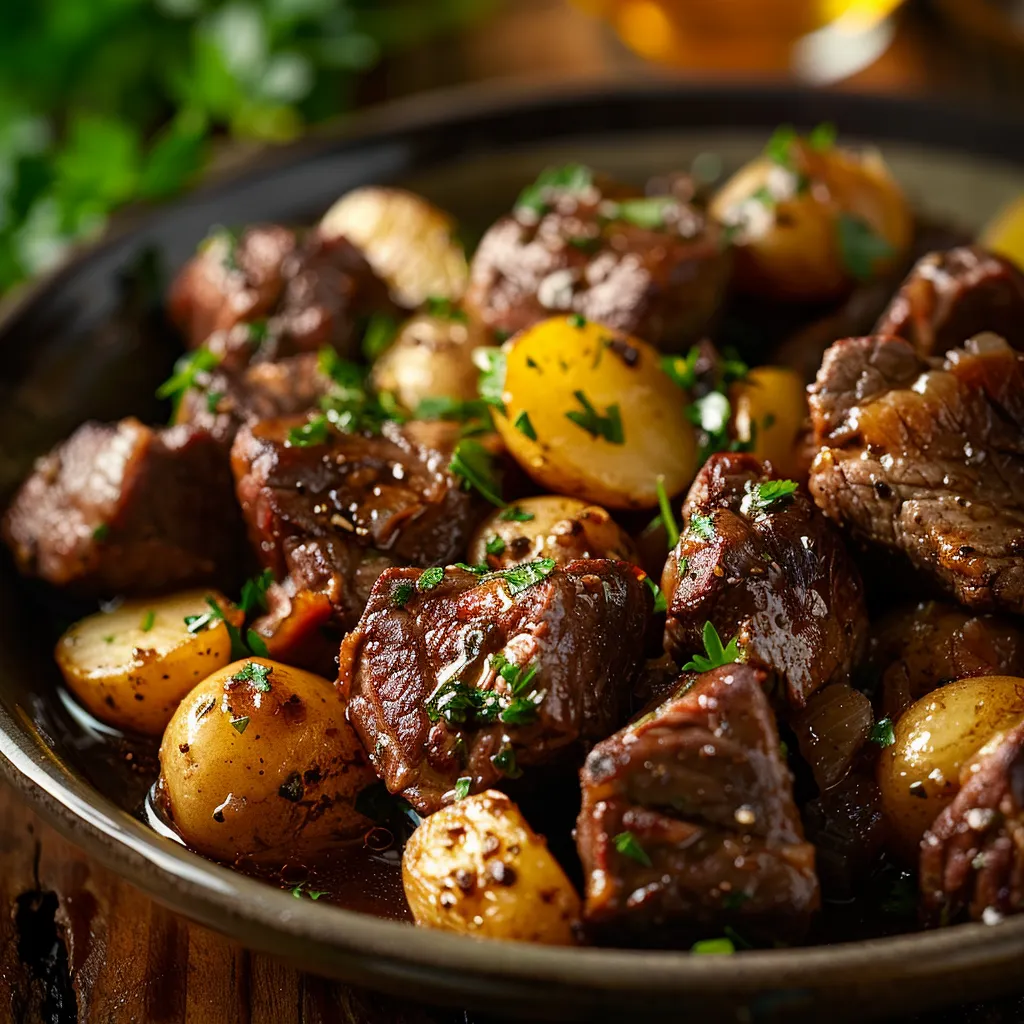 A delectable dish featuring garlic butter beef bites with potatoes, garnished with parsley.