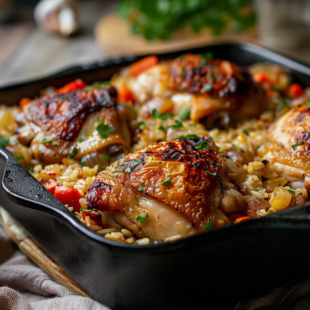 Delicious One-Pan Chicken and Rice Bake featuring a glossy surface and vibrant mixed vegetables.