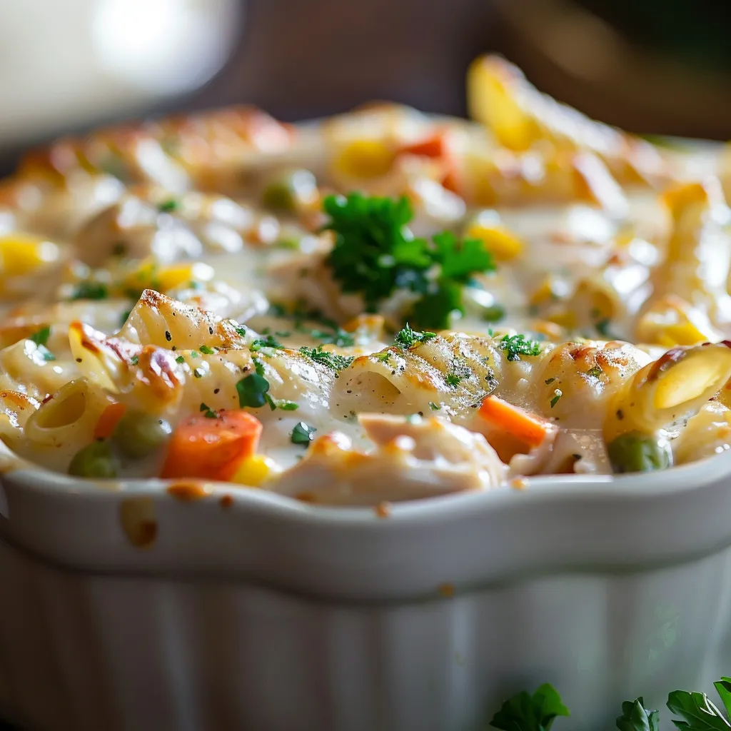 Eye-level view of chicken pot pie pasta with a golden crust, garnished with green herbs on a rustic table.