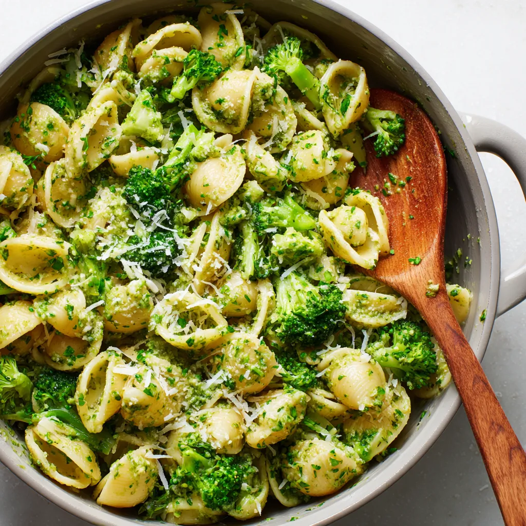 A vibrant bowl of broccoli pasta adorned with parmesan cheese, captured in natural light.