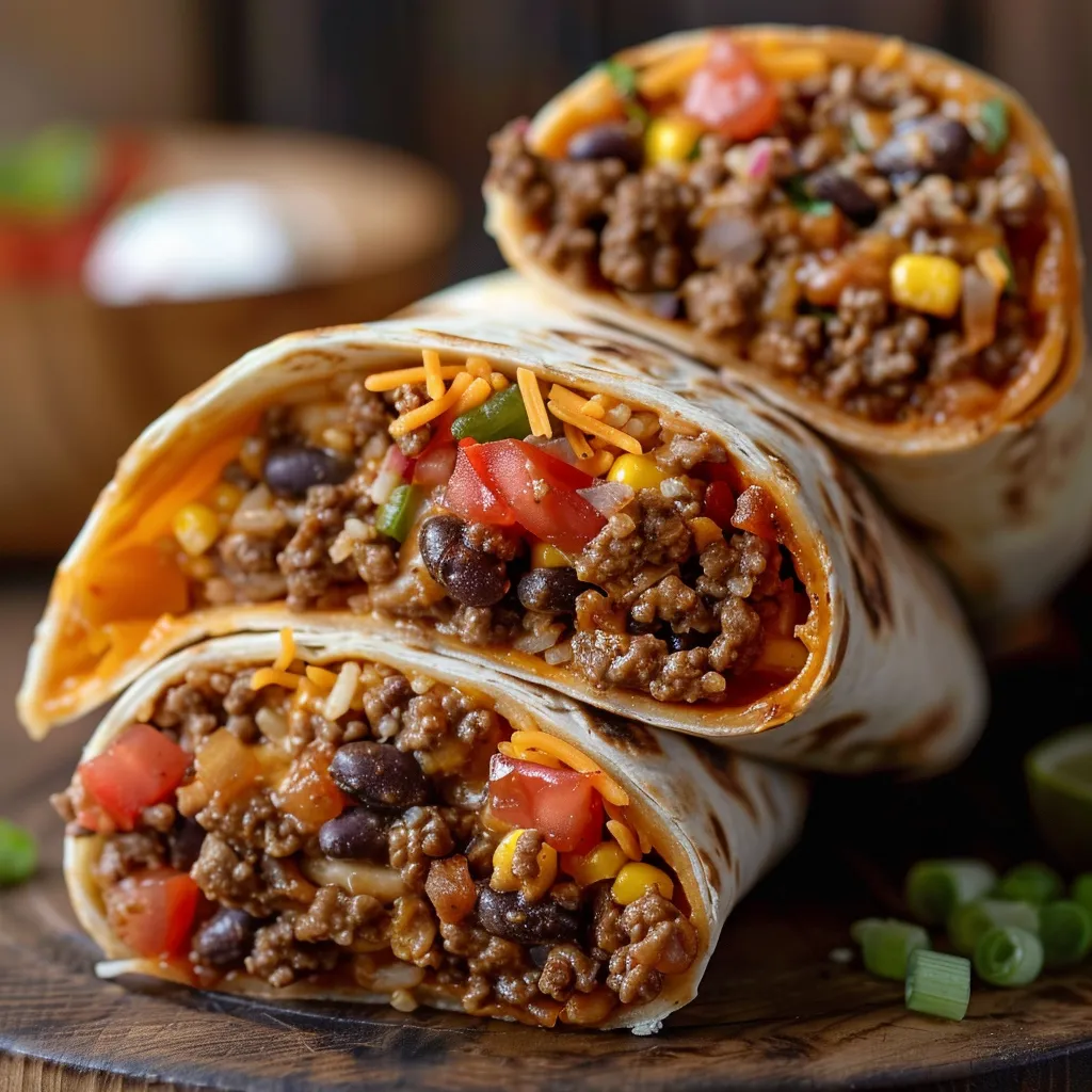 Mouthwatering homemade beefy melt burrito with toppings, captured in warm, natural light.