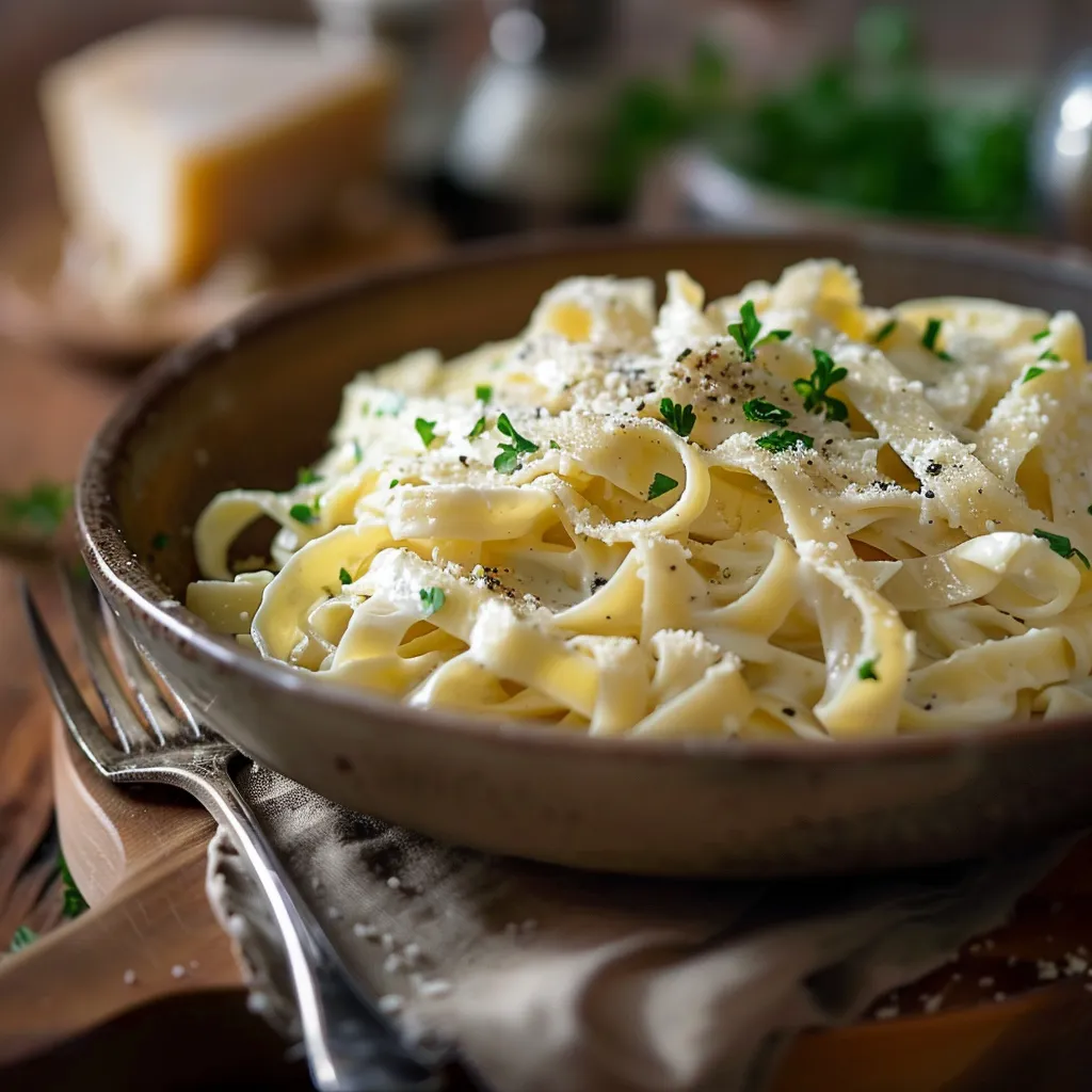 An eye-level shot of tagliatelle pasta coated in a creamy garlic sauce, garnished with parsley.