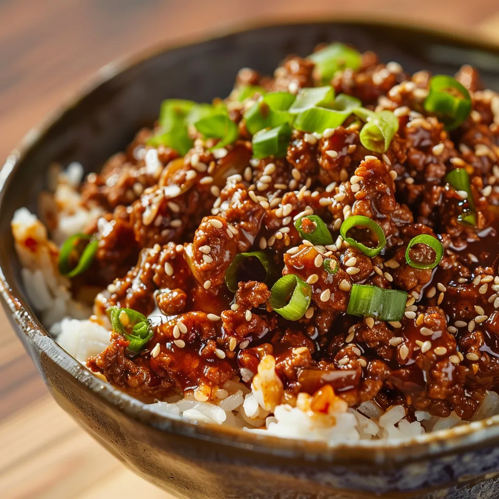 A vibrant bowl of Korean ground beef, rice, and colorful toppings, beautifully lit with soft shadows.