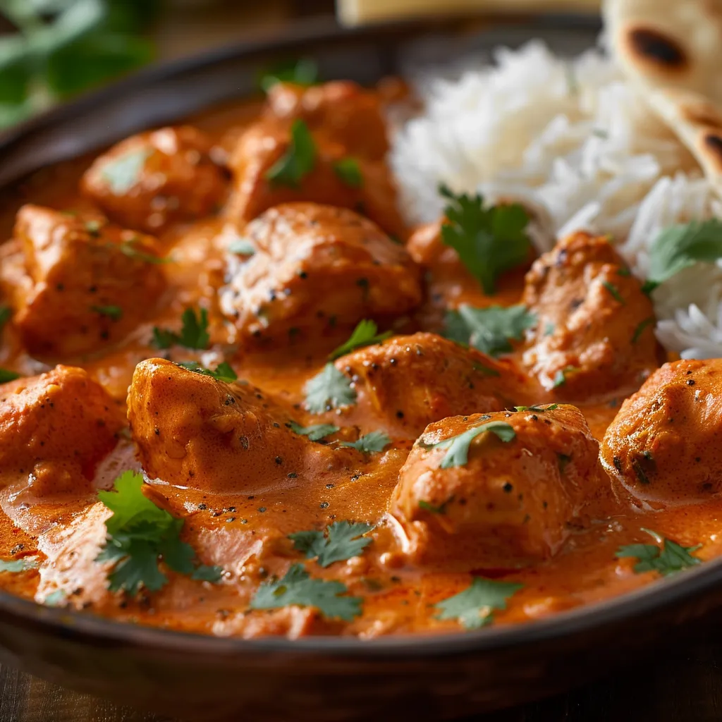 A delicious serving of homemade butter chicken featuring tender chicken pieces in a rich sauce, illuminated by warm light.