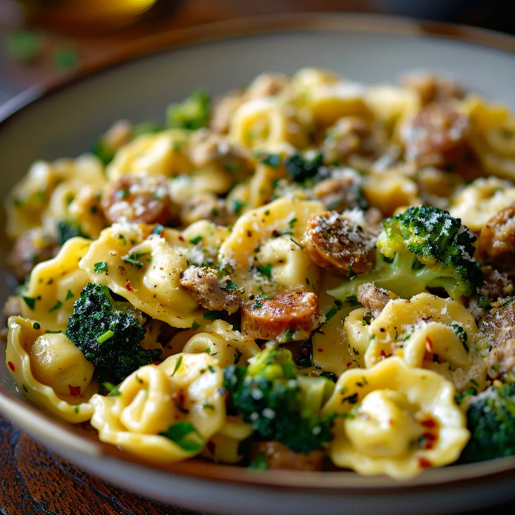 A plate of delicious Garlic Parmesan Tortellini featuring sausage and broccoli, highlighted by natural light.