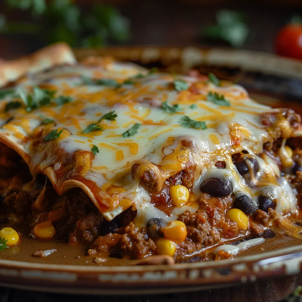 Delicious enchiladas filled with ground beef and cheese, garnished with green onions, on a wooden table.
