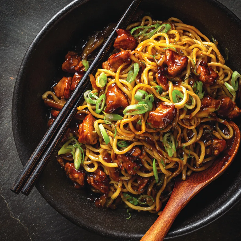 A vibrant plate of sticky garlic chicken noodles with garlic, green onions, and sesame seeds on top.