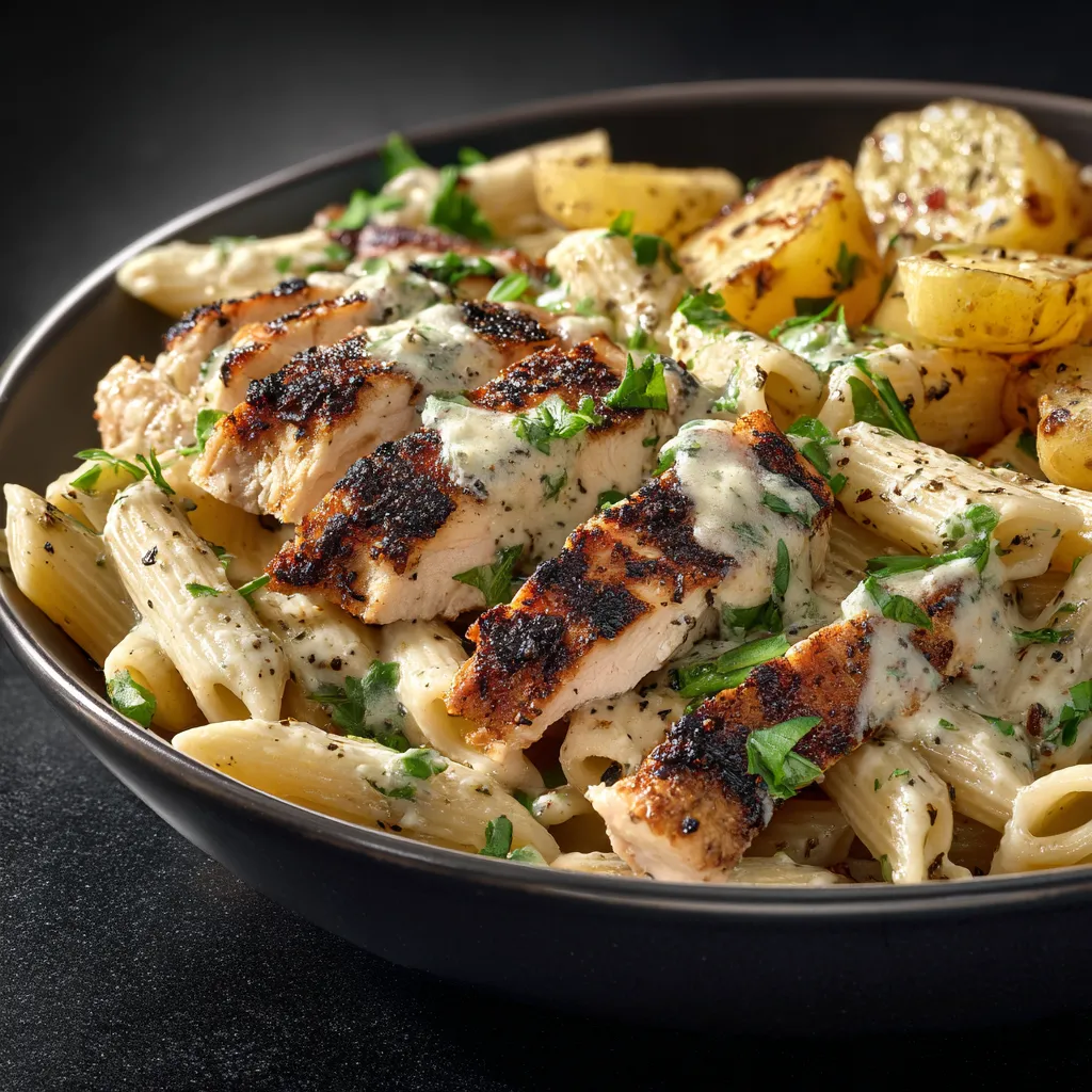 A vibrant plate featuring Loaded Herb Grilled Chicken alongside creamy pesto pasta and golden roasted potatoes.