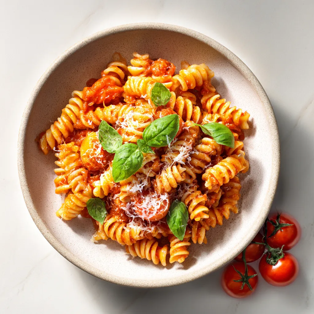 Delicious pasta with ricotta, garnished with basil and illuminated by soft natural light.