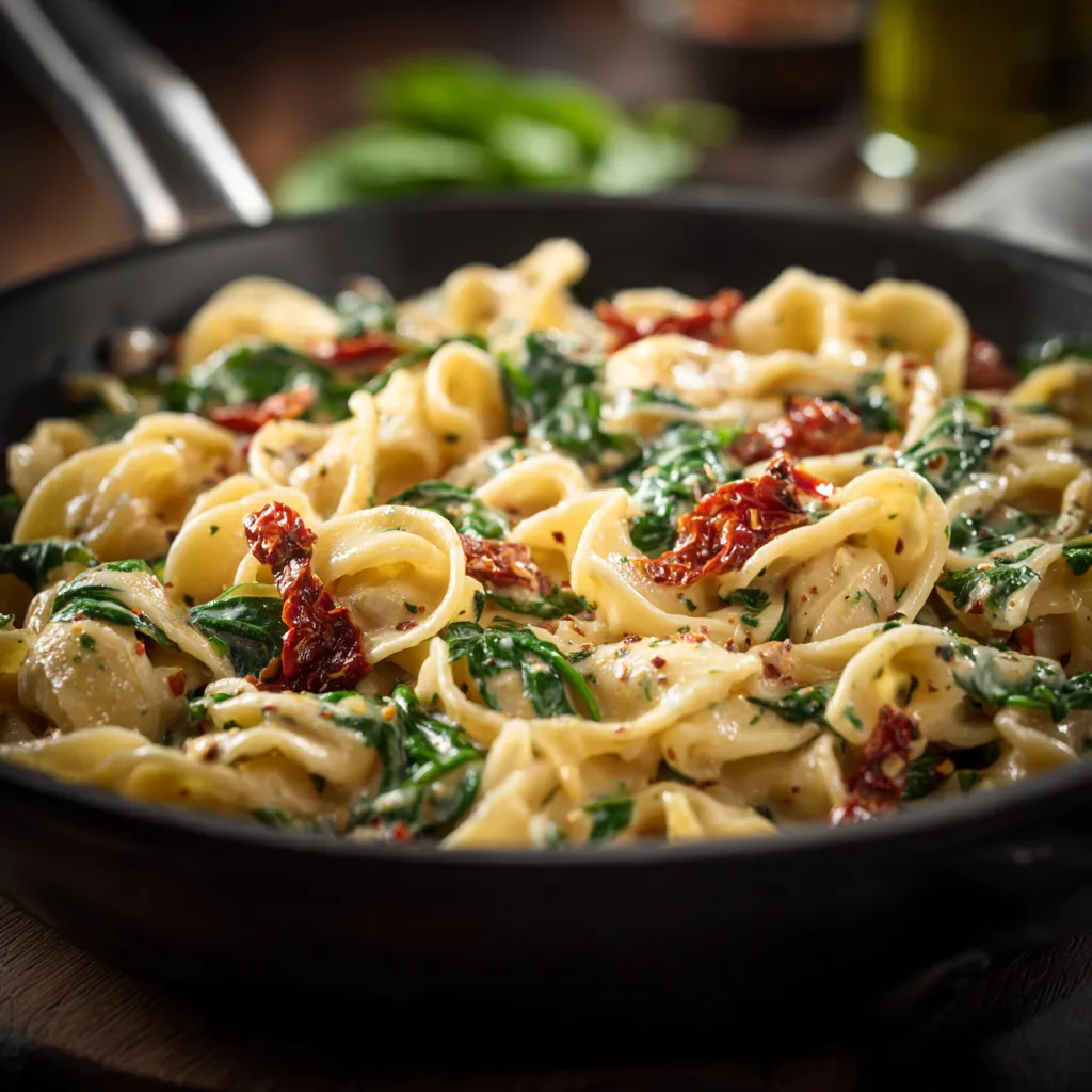 Delicious bowl of pasta with spinach and cherry tomatoes, softly lit.