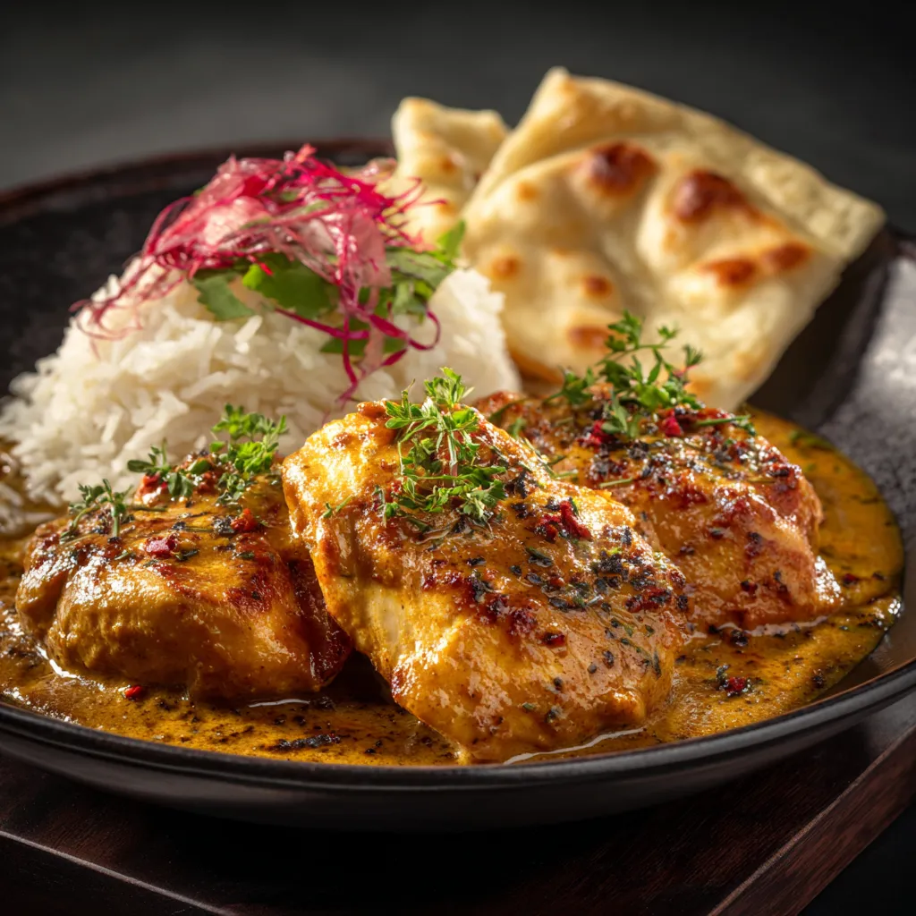 Eye-level shot of homemade butter chicken garnished with parsley and accompanied by rice.