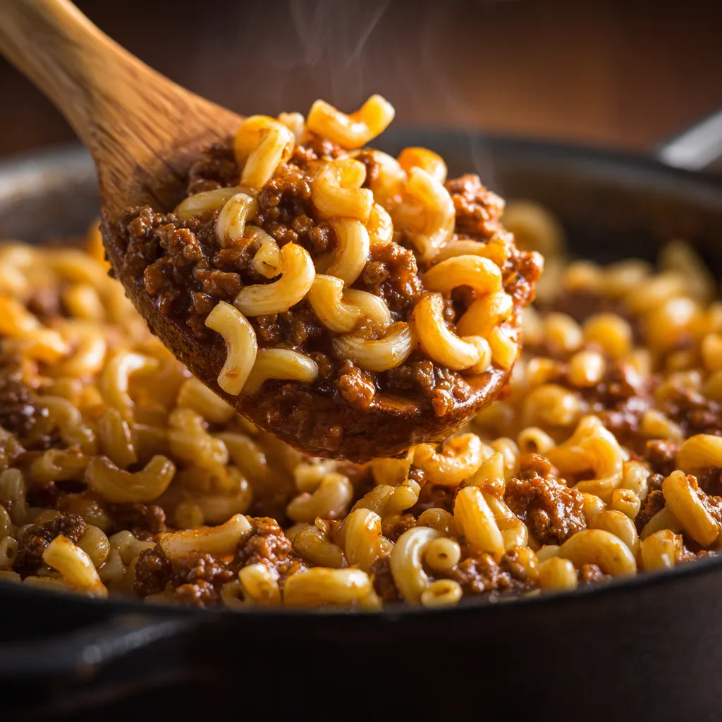 A rich serving of Hamburger Helper, highlighting ground beef and pasta in a cozy, blurred background.