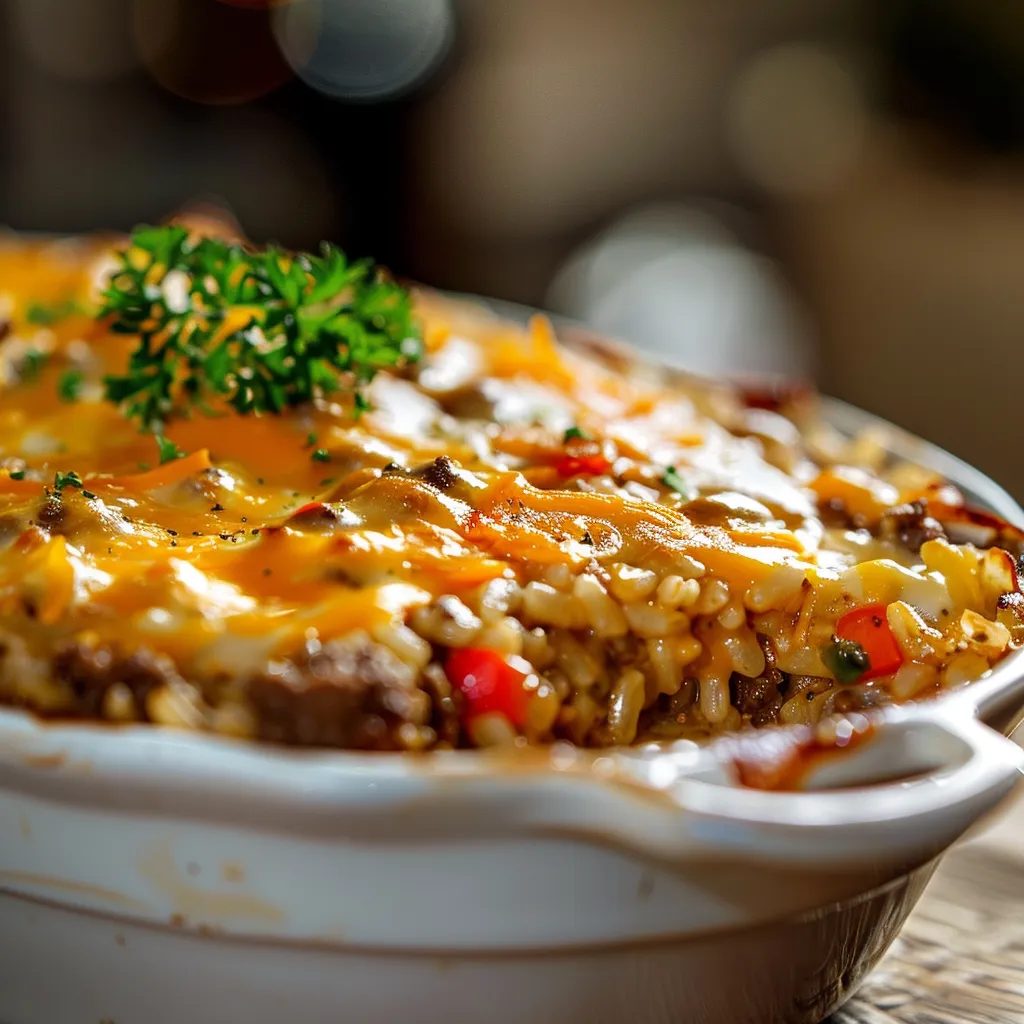 Creamy chicken and rice casserole, showcasing tender chicken and vibrant vegetables under warm light.