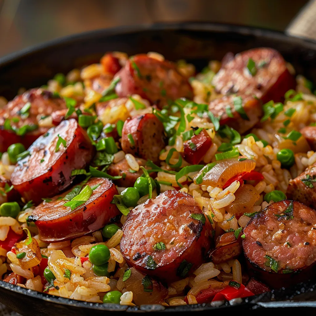 A beautifully arranged Cajun Sausage and Rice Skillet, highlighting its colorful ingredients against a soft, blurred background.