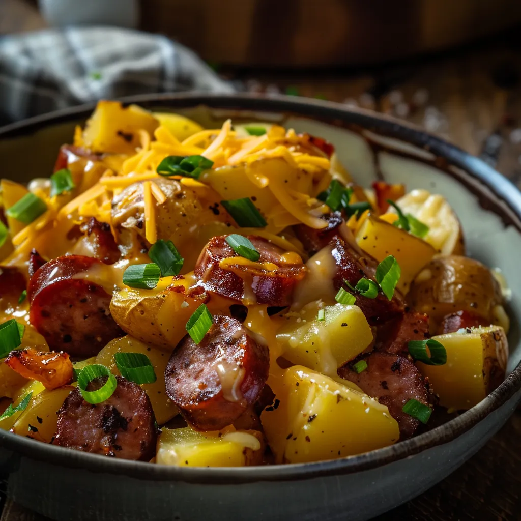 Plate of Cheesy Ranch Potatoes with smoked sausage slices, showcasing textures and colors.
