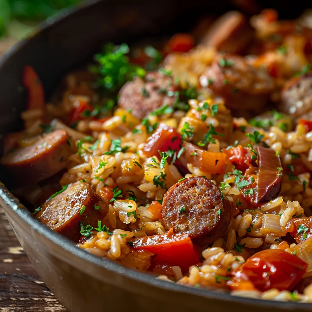 Mouthwatering view of Quick One Pot Sausage and Rice Delight with visible textures of sausage, rice, and diced vegetables.