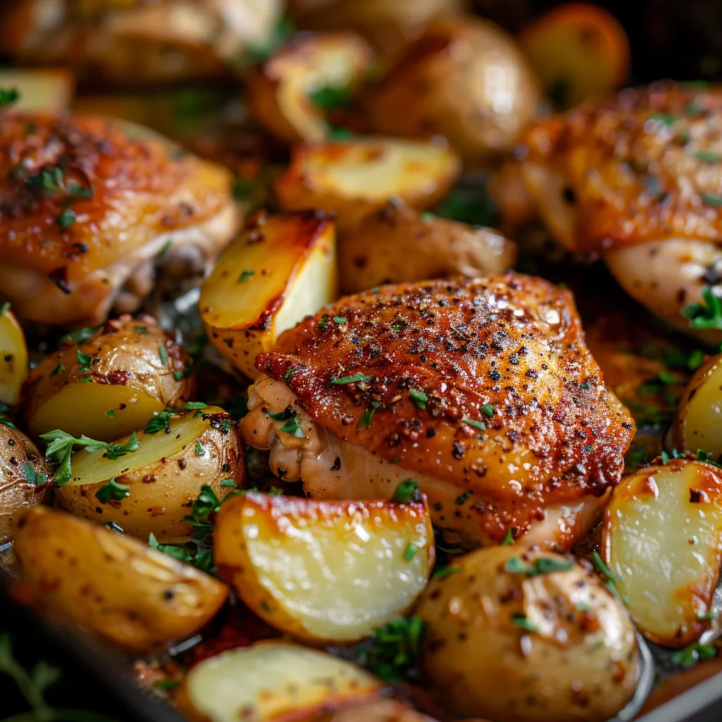 One Pan Chicken and Potatoes featured in a professional food photography style, highlighting textures and colors.