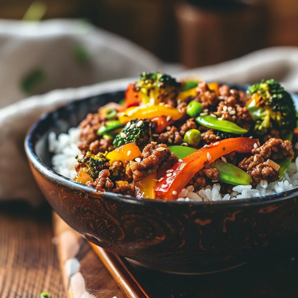 A detailed shot of a delicious stir-fry bowl with garlic veggies and steaming rice.