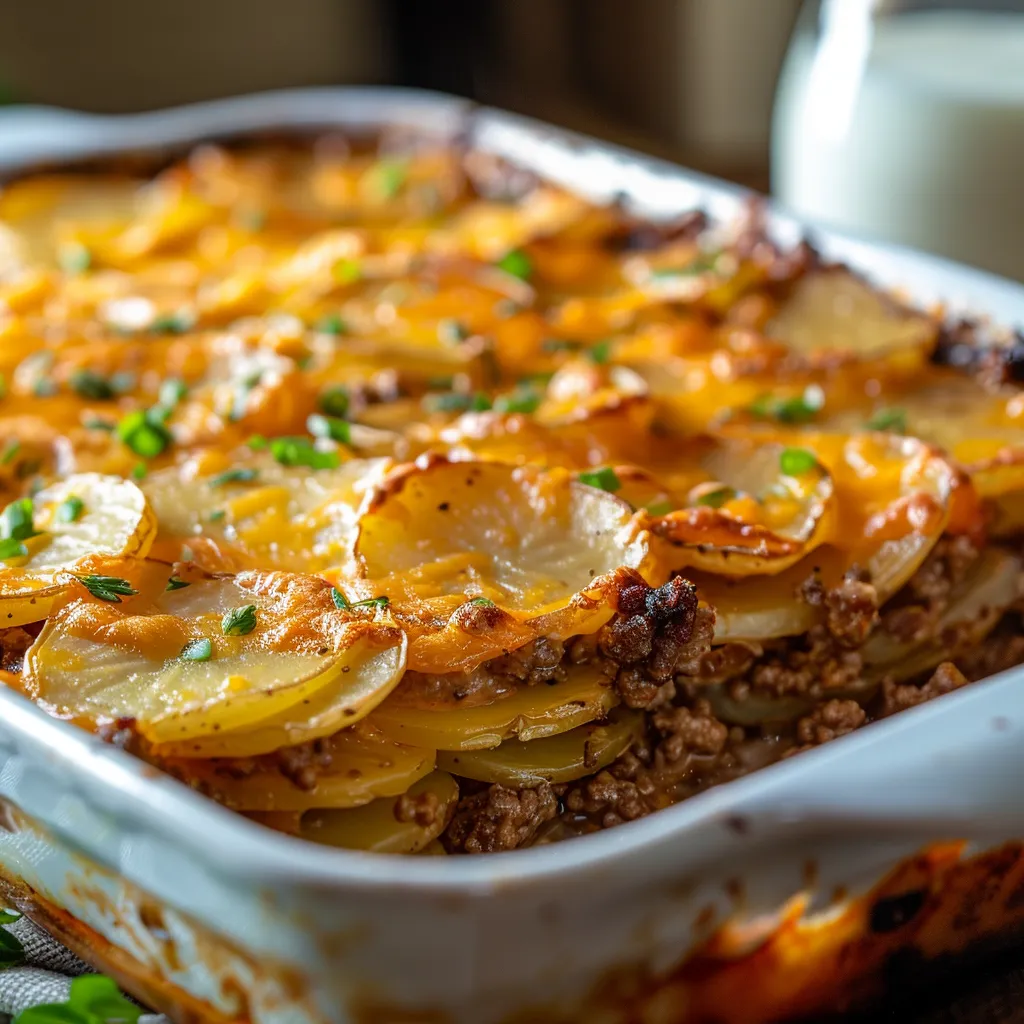 A delicious Ground Beef Potato Dinner featuring tender diced potatoes and minced garlic, beautifully presented.