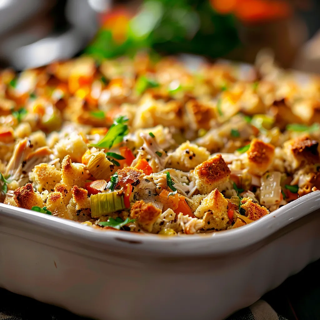 Delicious Chicken and Stuffing Casserole displayed with a blurred, cozy background, emphasizing its appetizing presentation.
