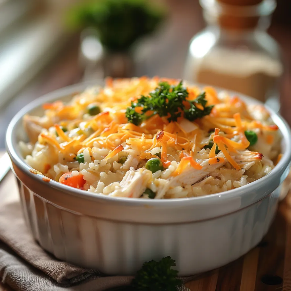 Delicious Creamy Chicken and Rice Casserole with visible chicken, rice, and vegetables, elegantly presented with soft lighting.
