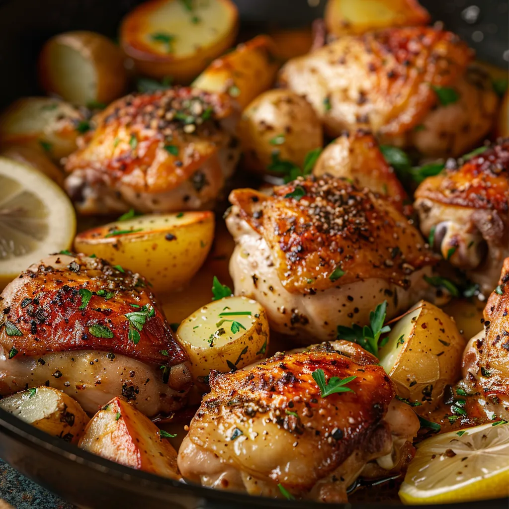 Eye-level photograph of golden chicken thighs and roasted potatoes in a pan.