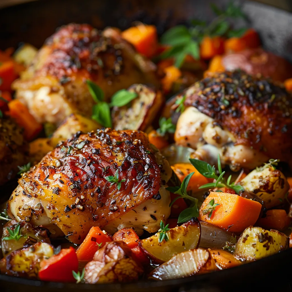 Deliciously plated roasted chicken and mixed vegetables, showcasing warm colors and textures.