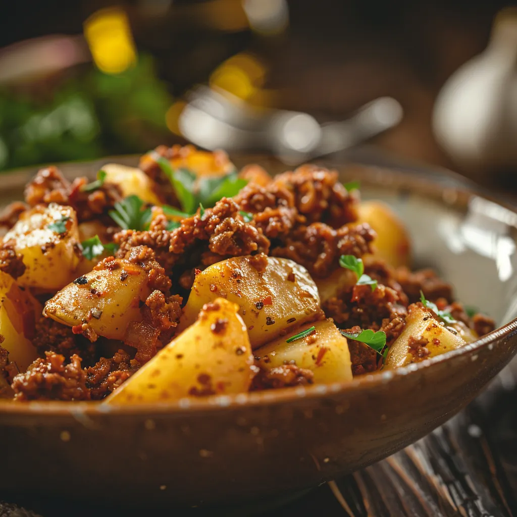 Eye-level shot of a savory ground beef and potato meal, showcasing rich textures and warm colors.