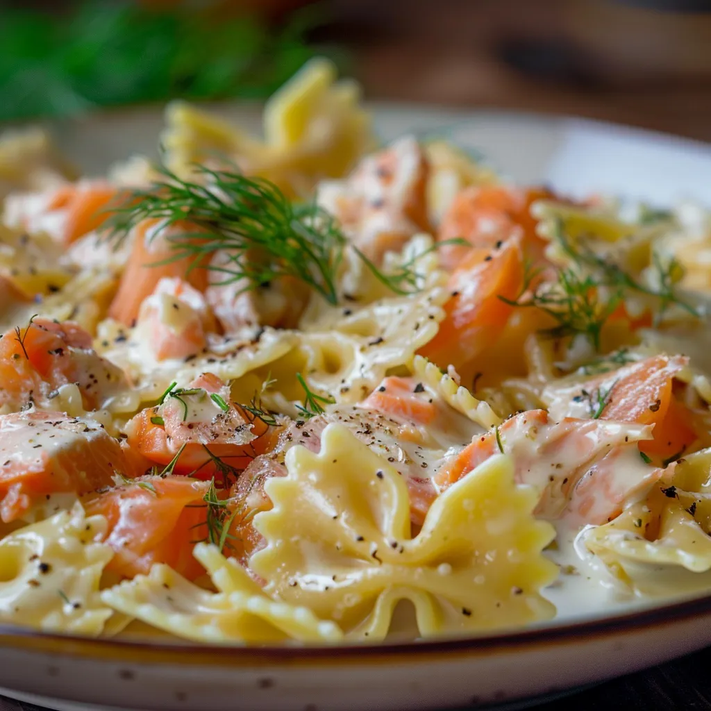 A beautifully styled bowl of creamy salmon pasta with soft shadows and a blurred background.