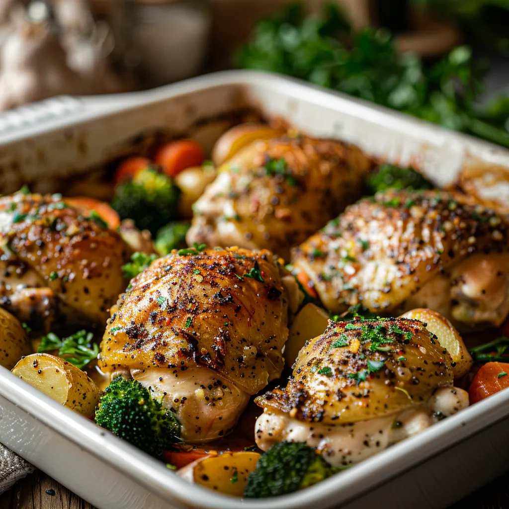 A beautifully arranged plate of chicken bake, showcasing crispy chicken skin and a medley of vibrant vegetables in a cozy setting.