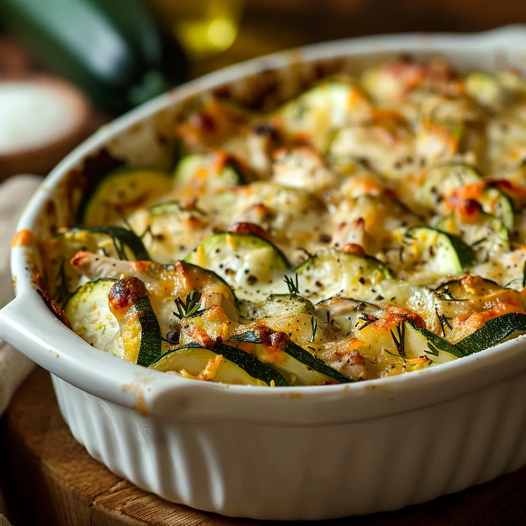 A hearty serving of baked chicken and zucchini, topped with a sprinkle of parmesan and enhanced by natural light.