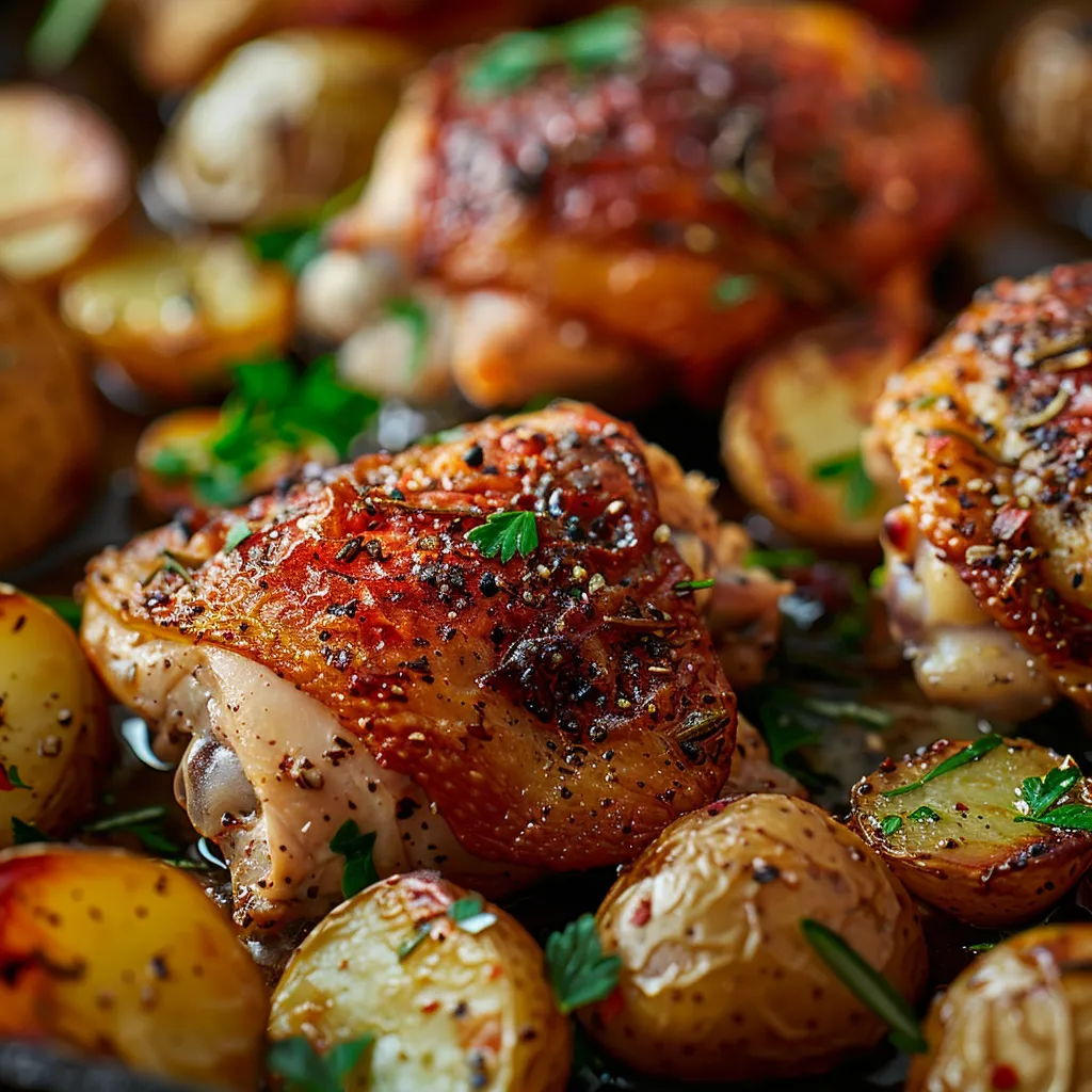 Eye-level view of crispy chicken thighs and tender baby potatoes, capturing their textures and colors.