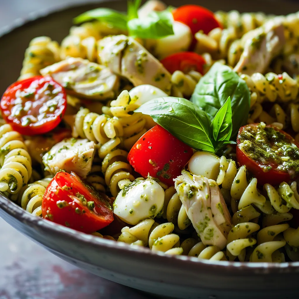 Eye-level shot of a creamy Chicken Pesto Pasta Salad with fresh basil and warm lighting.