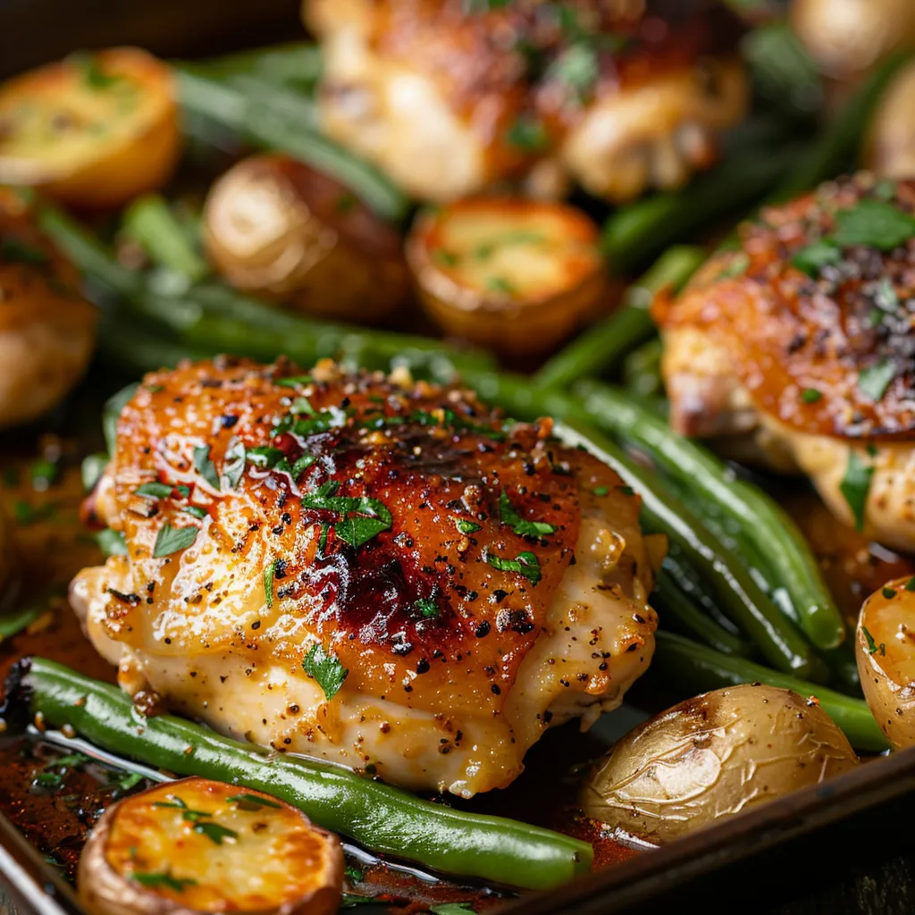 Gourmet presentation of easy sheet pan garlic butter chicken with vibrant vegetables, shot in natural light.