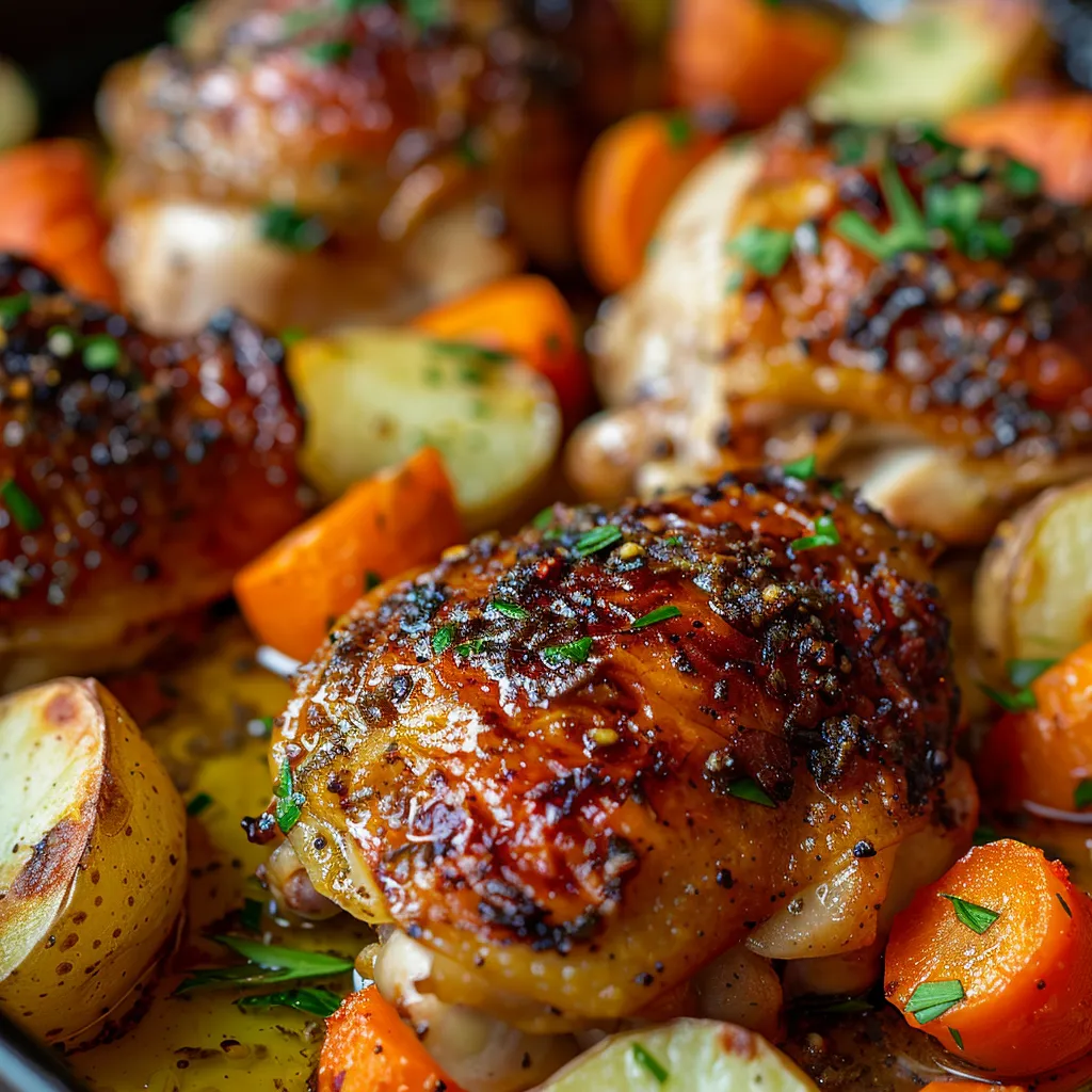 Eye-level shot of golden chicken thighs with a side of roasted carrots and potatoes, emphasizing the freshness of the ingredients.