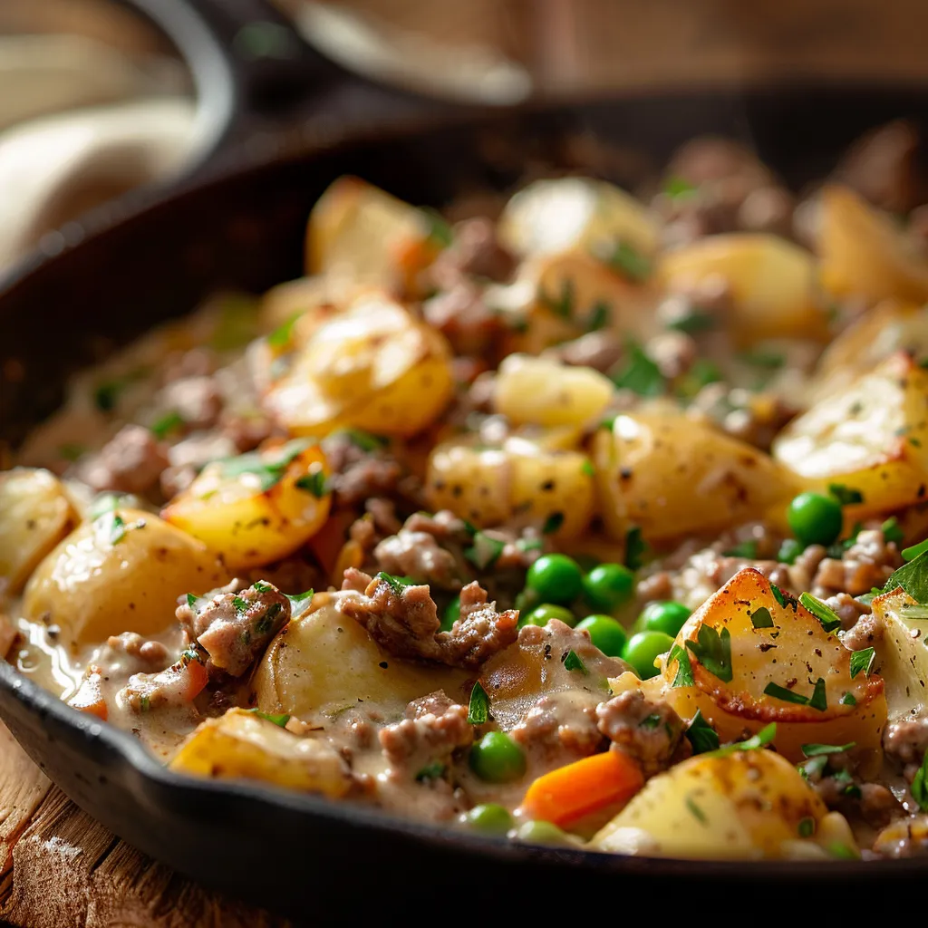 Rich creamy meat and potato dish in a skillet, showcasing texture and vibrant colors of the ingredients.