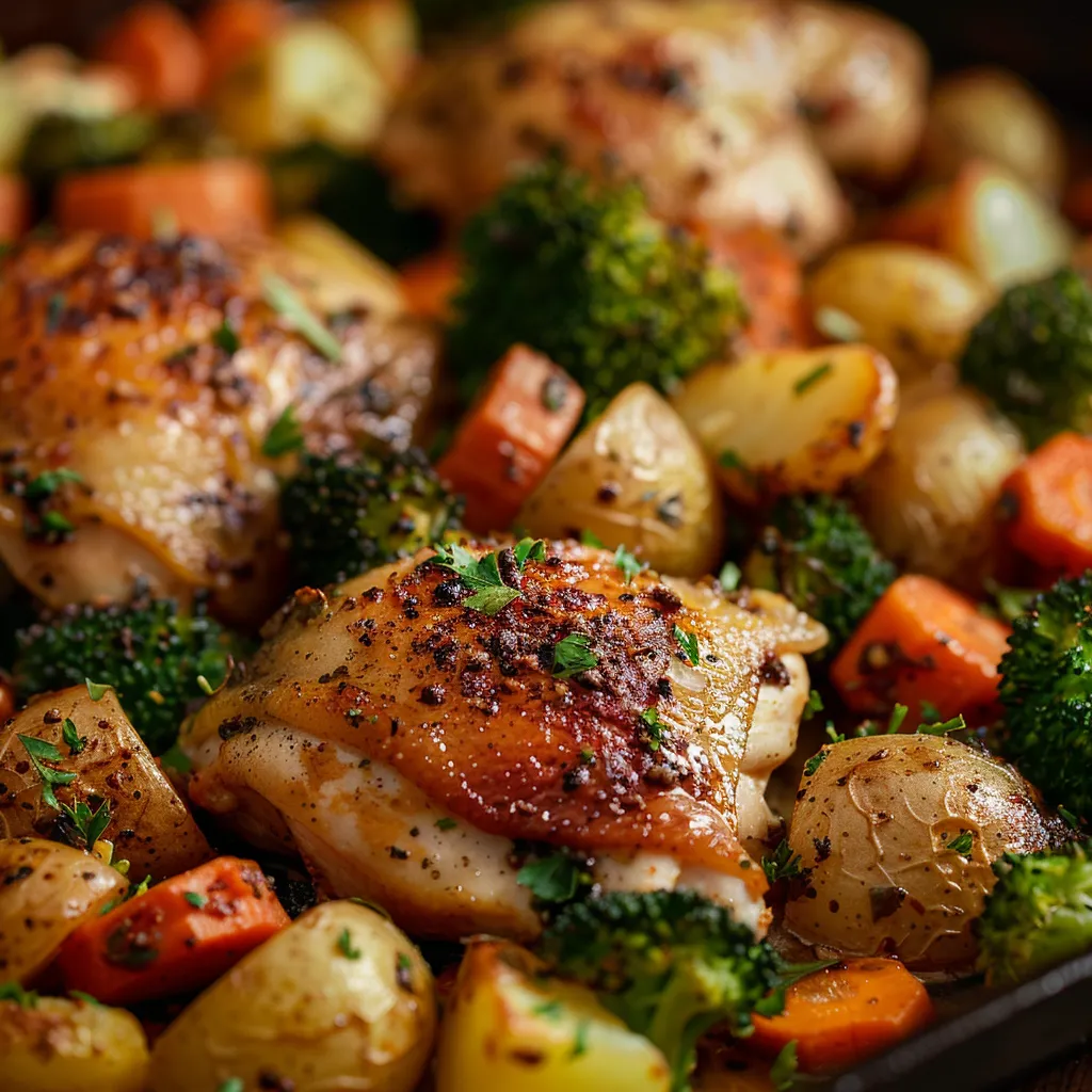 Delicious roasted chicken with baby potatoes, carrots, and broccoli under soft lighting.
