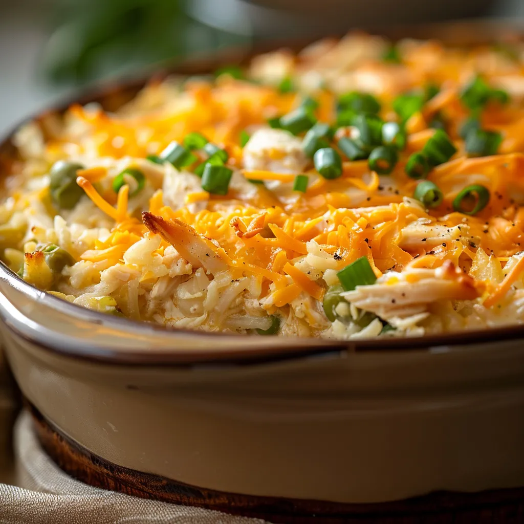 An inviting Chicken and Rice Casserole with a bubbling cheese crust, served in a cozy kitchen setting.