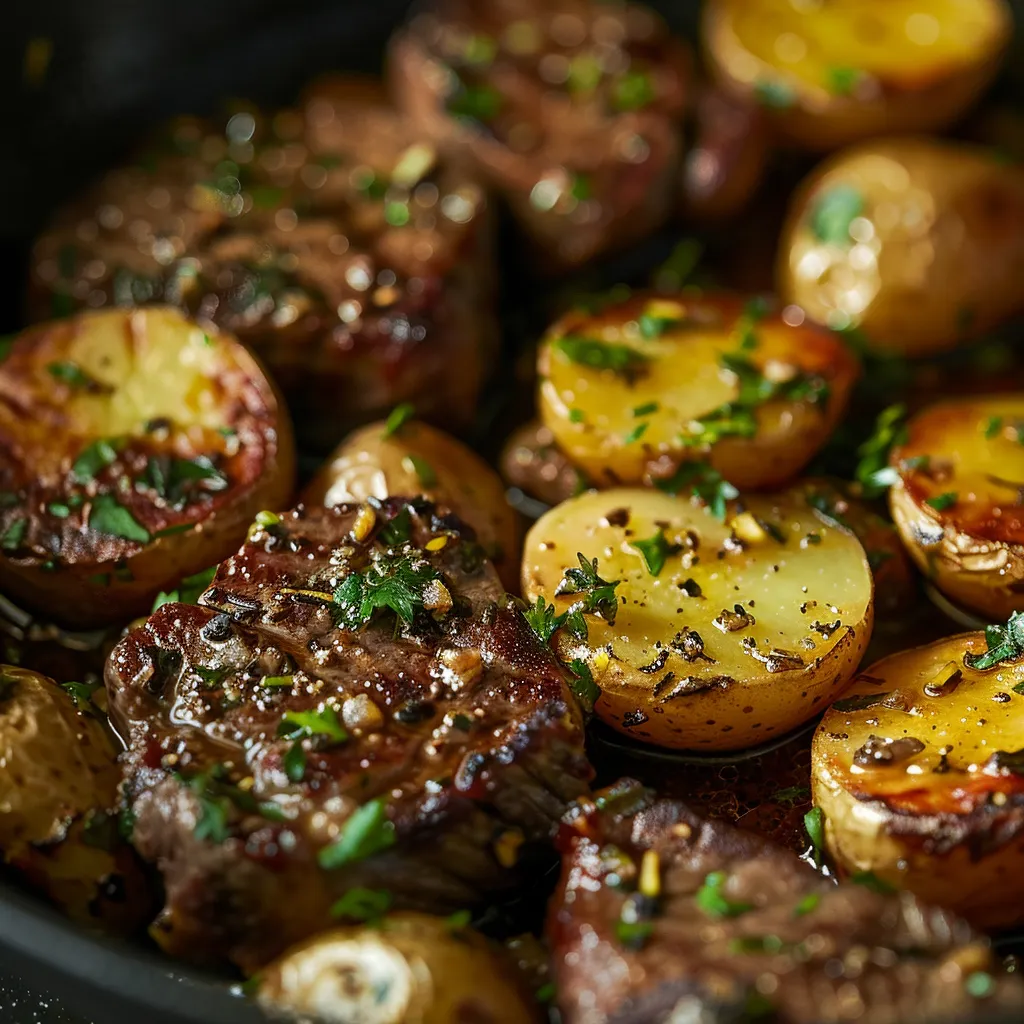 A mouthwatering garlic butter steak and potatoes skillet, highlighted by warm, natural lighting and soft shadows.