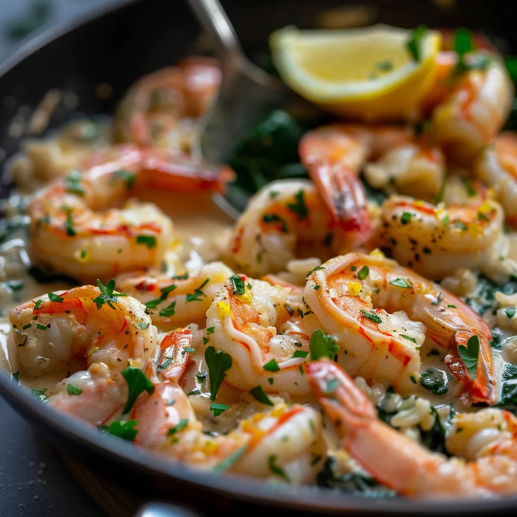 A vibrant bowl of creamy garlic butter shrimp with rice, highlighting the textures of the ingredients and garnished with parsley.