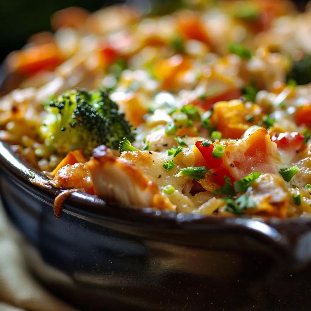 Eye-level shot of a hearty Chicken and Vegetable Casserole featuring a crunchy cheese topping and vibrant vegetables.