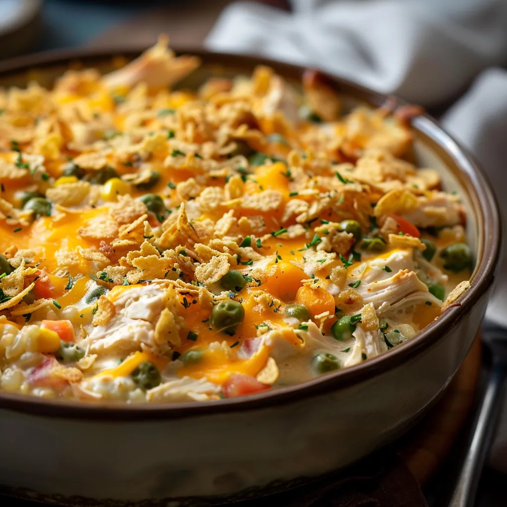 A steaming chicken casserole garnished with shredded cheese and a crispy cornflake topping, set on a wooden table.