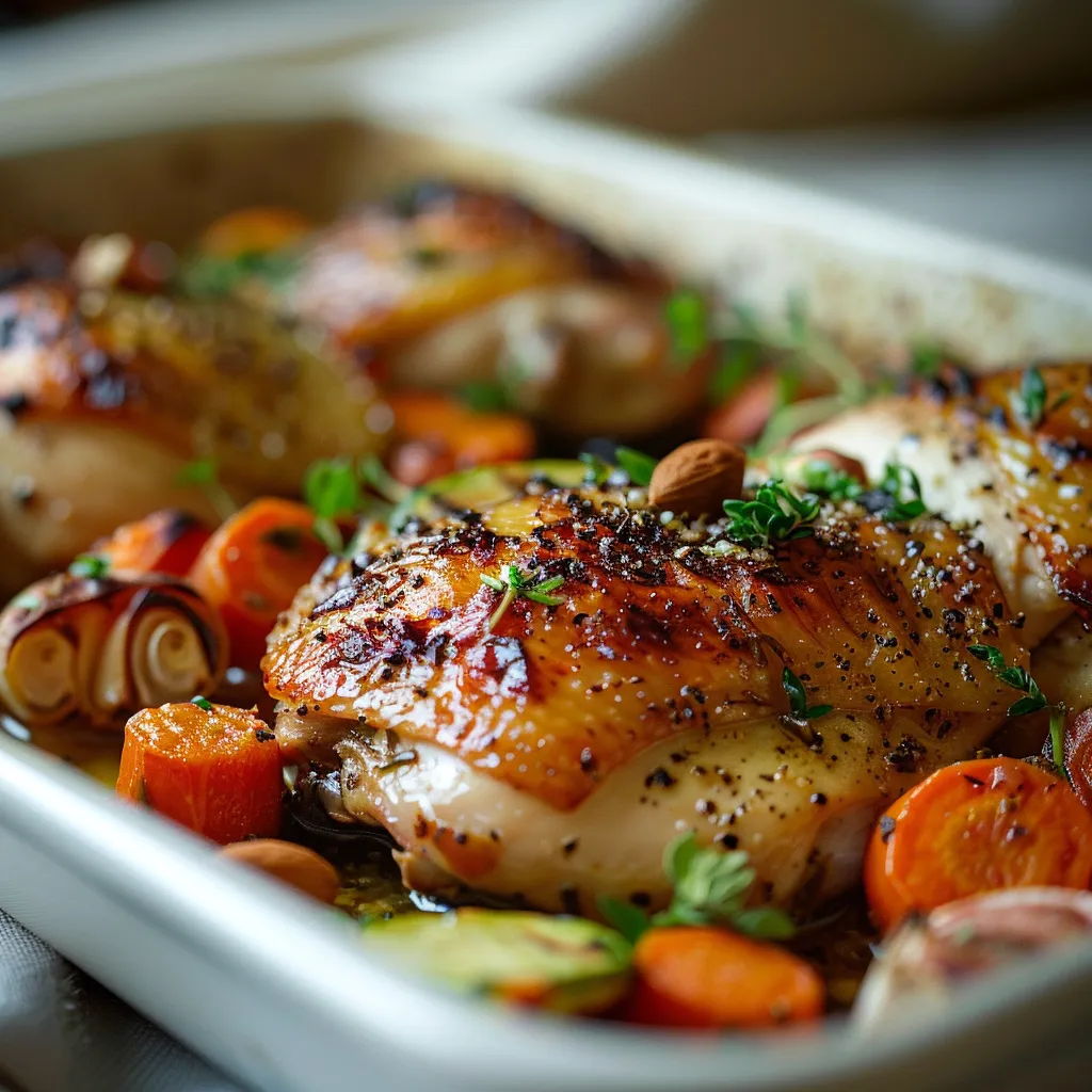 Detailed view of roasted chicken, garlic, and assorted vegetables on a plate.