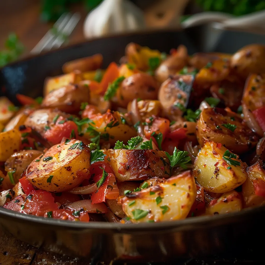 A vibrant skillet meal featuring smoked sausage, golden potatoes, and colorful bell peppers, beautifully arranged.