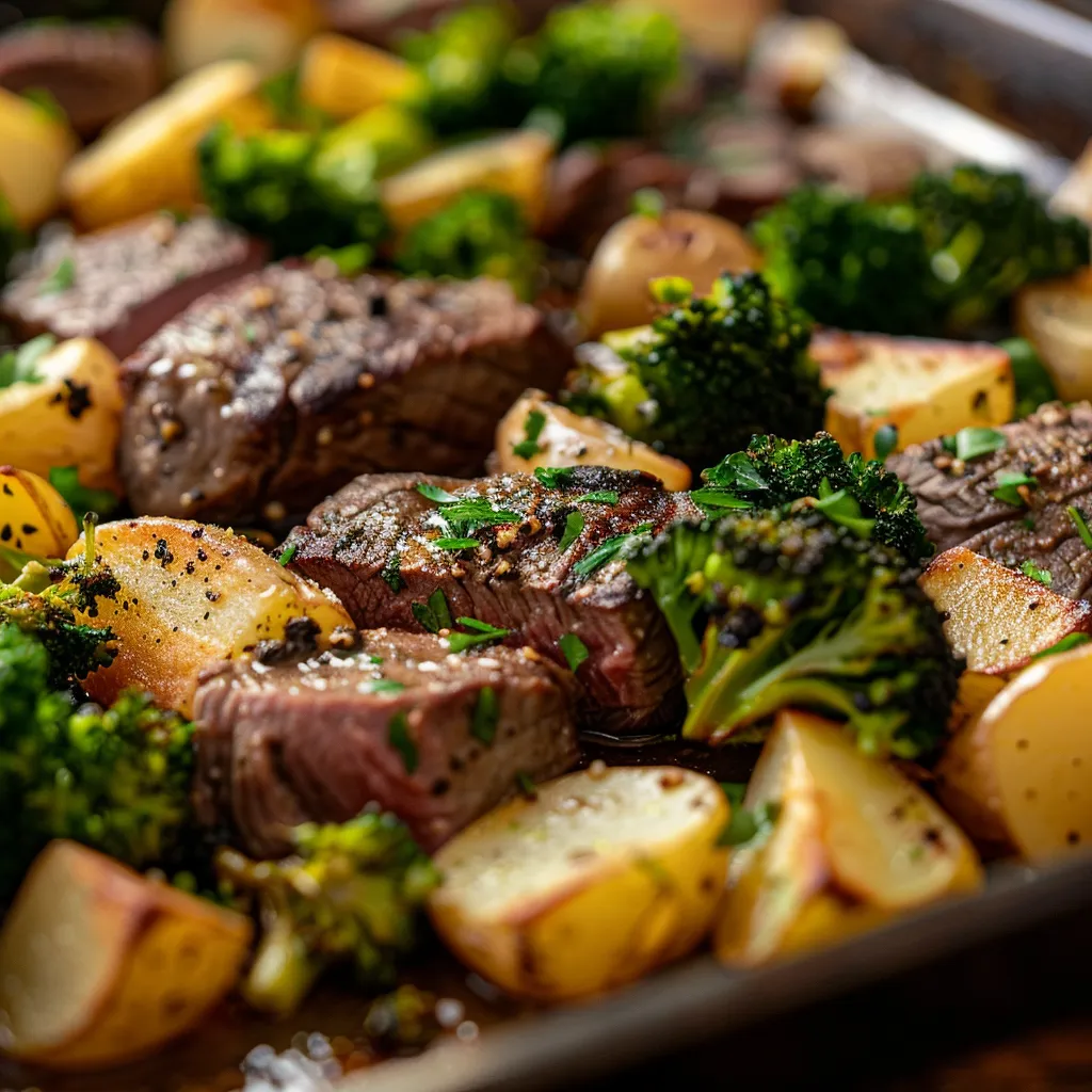 An appetizing sheet pan meal showcasing flank steak, potatoes, and broccoli, highlighted with warm lighting.